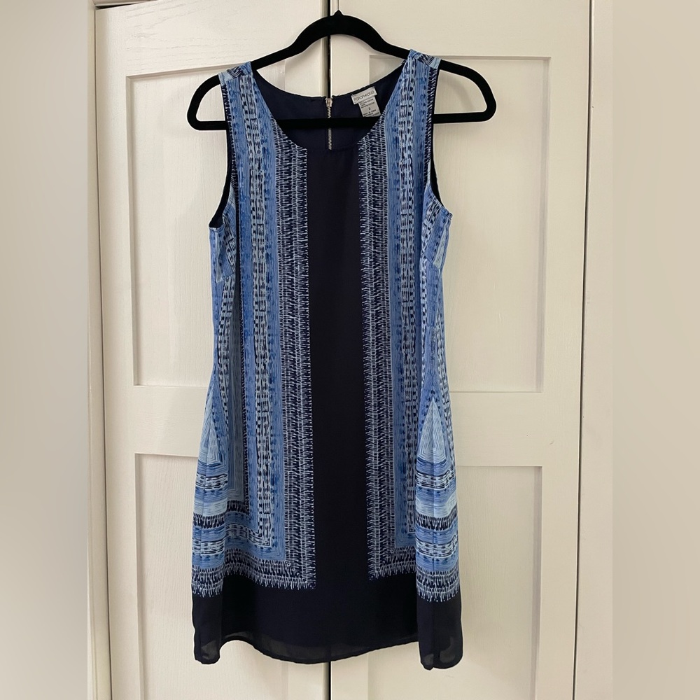 Blue patterned business casual dress, size 2.